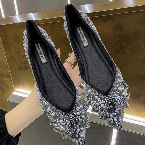Pearl shoes bridal ballet flats wedding mule pumps pointed embellished bling S 7 - Picture 8 of 10
